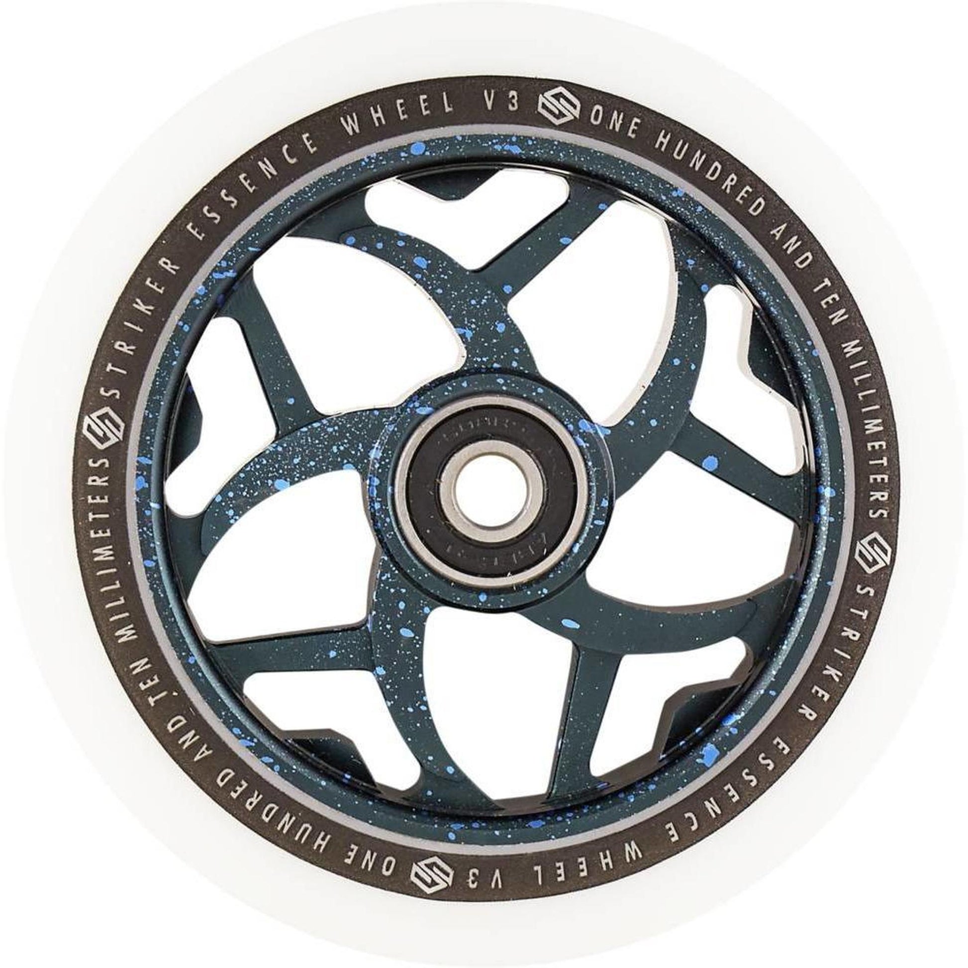 Striker Essence V3 White PU 110mm Rueda Patinete - Splash Negro/Azul- Scootworld.es